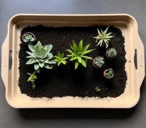 a tray with dirt and plants on it
