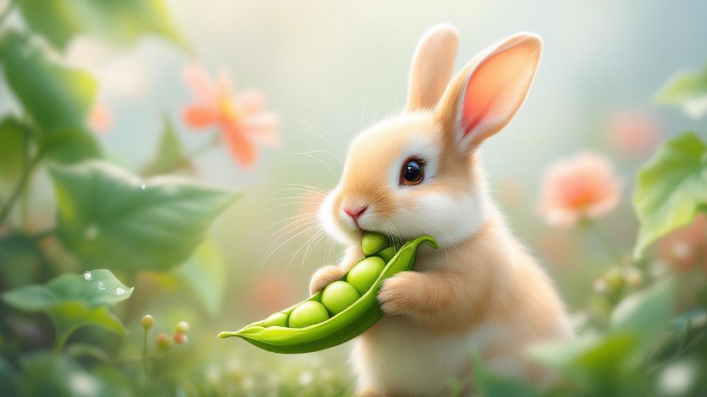 A domestic rabbit eating a fresh green garden pea pod in a backyard.