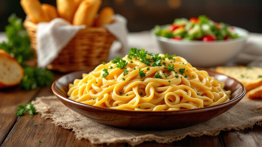 A bowl of creamy fettuccine alfredo and garlic breadsticks, questioning if Olive Garden is authentic Italian food.