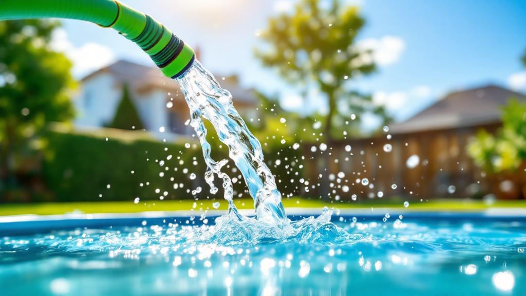 Filling a blue above-ground swimming pool with a standard garden hose in a sunny backyard.
