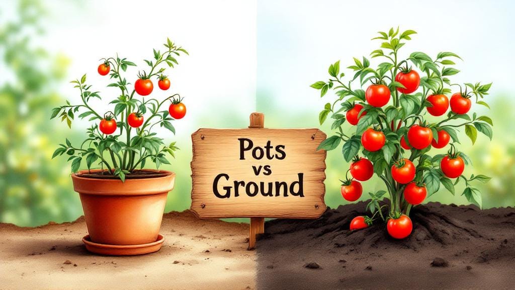 Alt Text: Comparison of planting container variety seeds in the ground vs pots