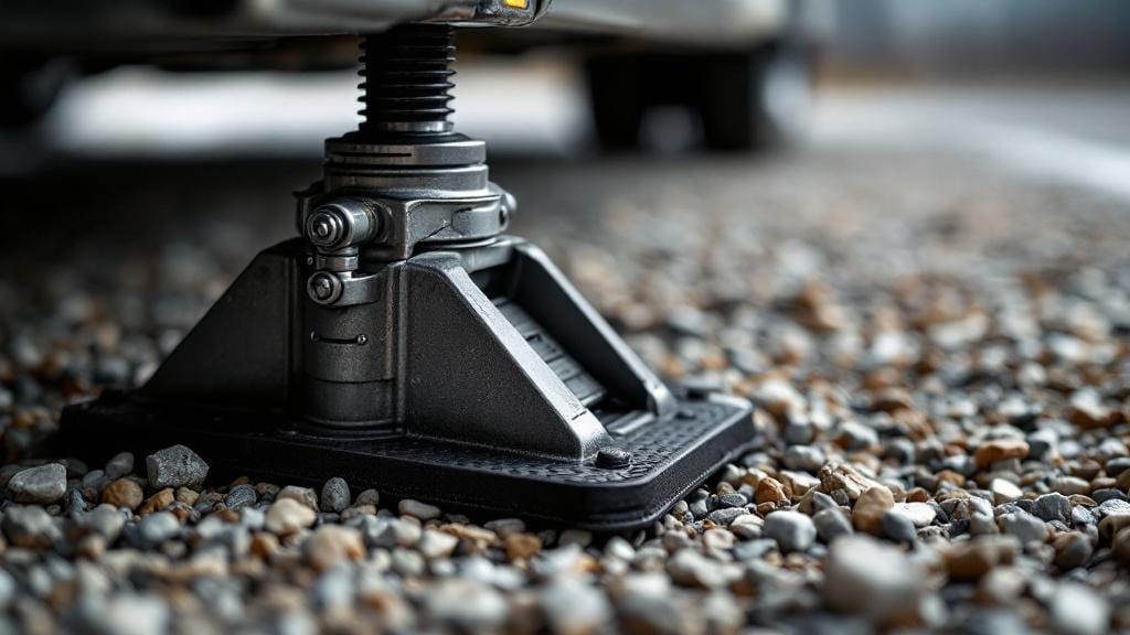A heavy-duty RV stabilizer jack resting on a reinforced rubber stabilizer pad for safety.