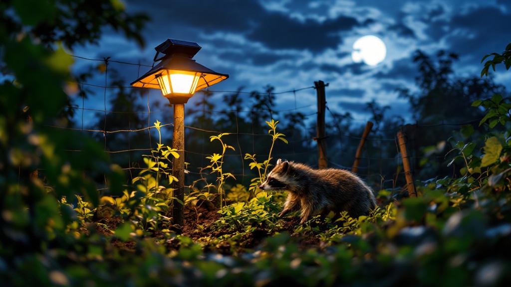 A raccoon near a garden fence with a motion-activated light to show how to keep racoons out of garden areas.