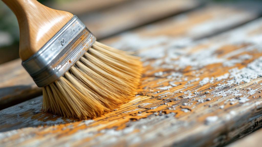 Cleaning weathered gray teak garden furniture with a soft brush to reveal the natural wood.