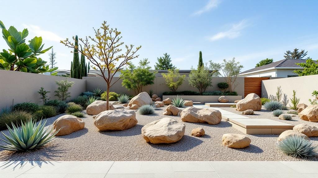 A modern, low-maintenance rock garden with minimalist design and drought-tolerant plants.