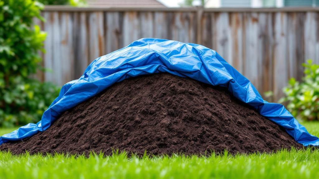Storing a large pile of bulk garden soil under a waterproof blue tarp secured with bricks.