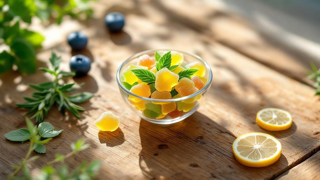 A bowl of natural Garden Gummies surrounded by fresh herbs and fruits on a wooden table.