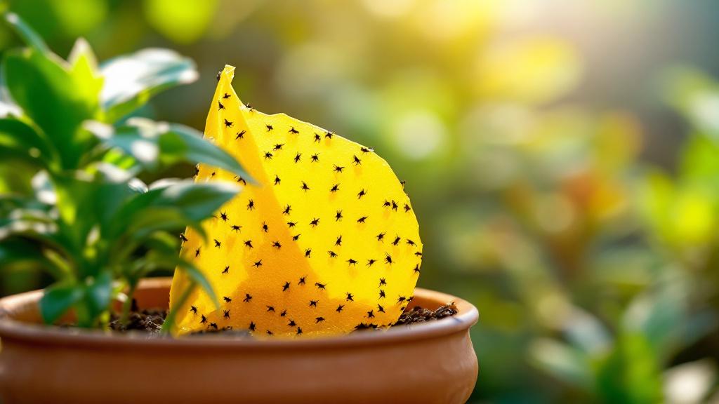 Yellow sticky traps used to catch adult gnats in a garden pot.