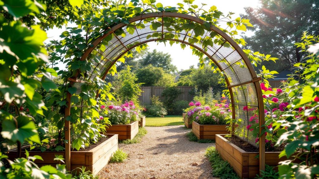 A sturdy garden arch made from a 16-foot cattle panel showing the ideal size for climbing plants.