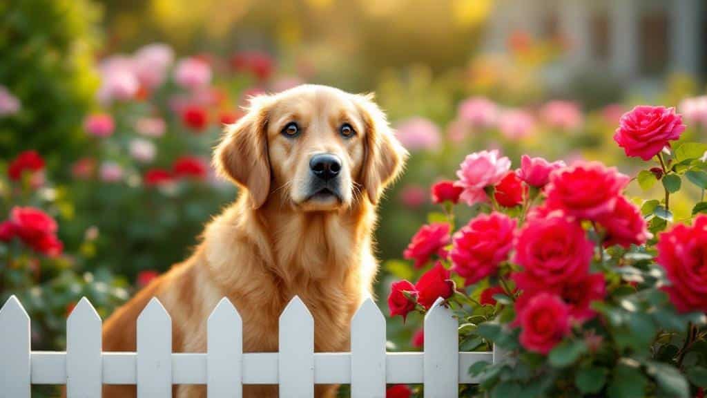 A dog standing behind a small garden fence, showing a humane way to keep pets out of flower beds.