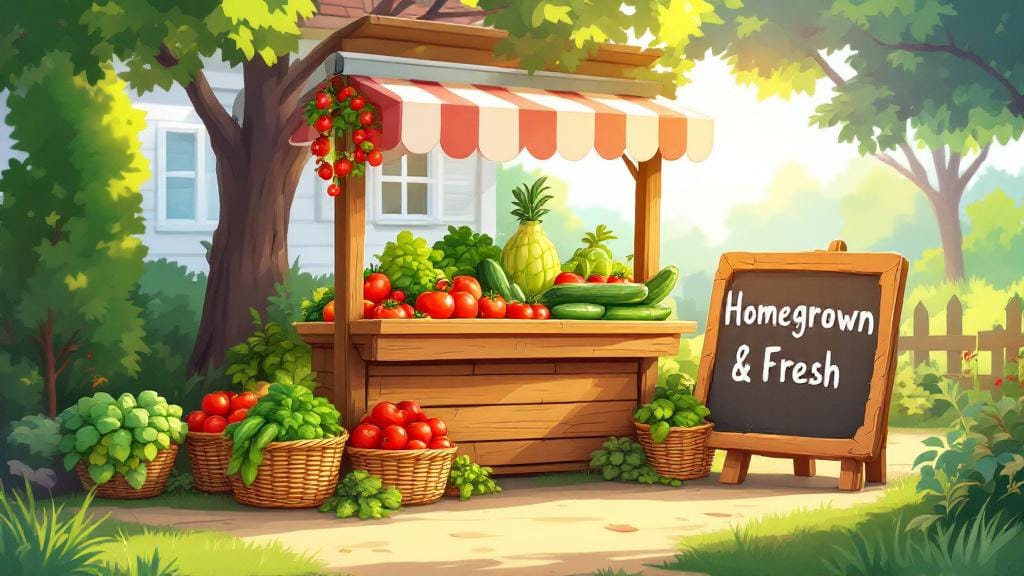 A small wooden roadside stand selling homegrown vegetables from a backyard garden.