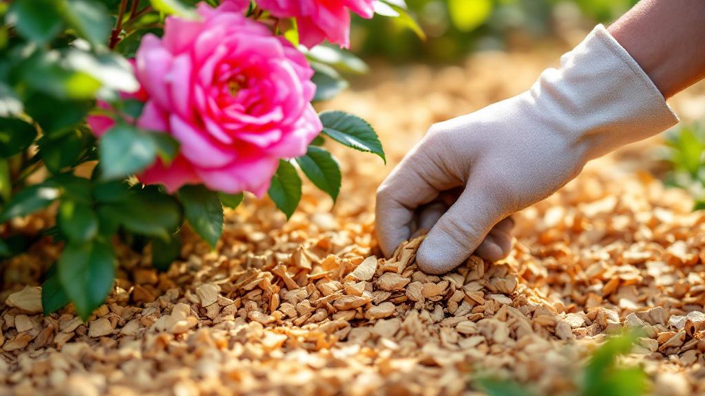 Applying a 2-inch layer of hardwood chips as mulch around a pink rose bush.