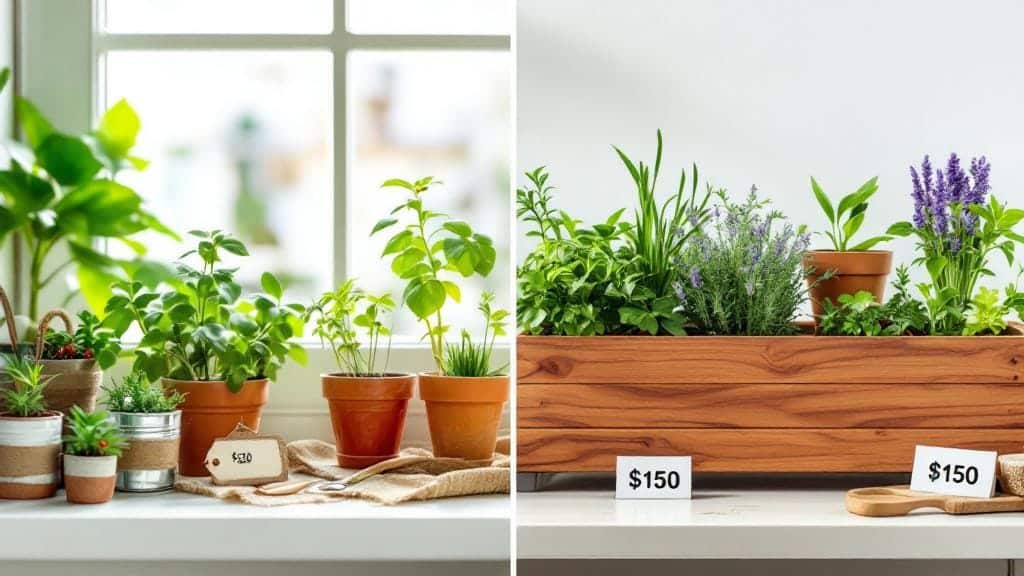 A comparison of a budget DIY herb garden vs. a premium raised bed setup showing different cost levels.