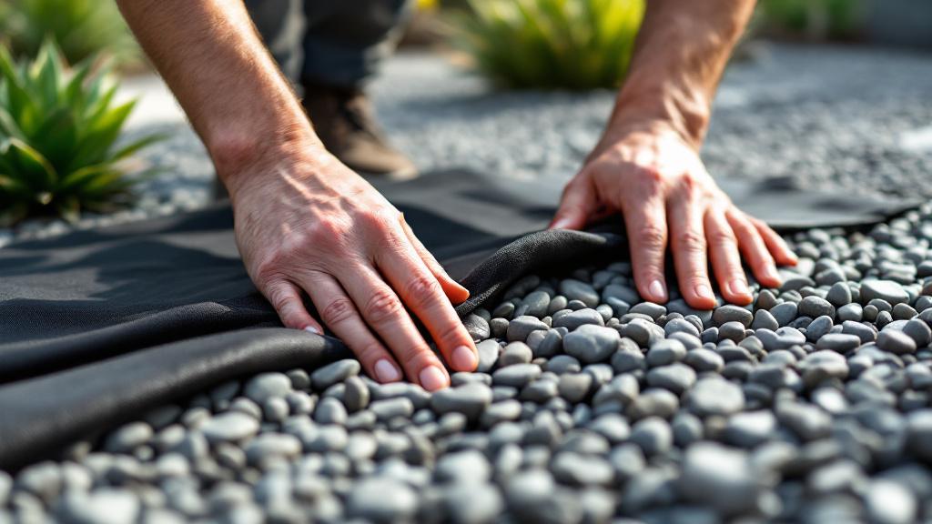 Installing a landscape fabric weed barrier to keep weeds out of rock garden beds effectively.
