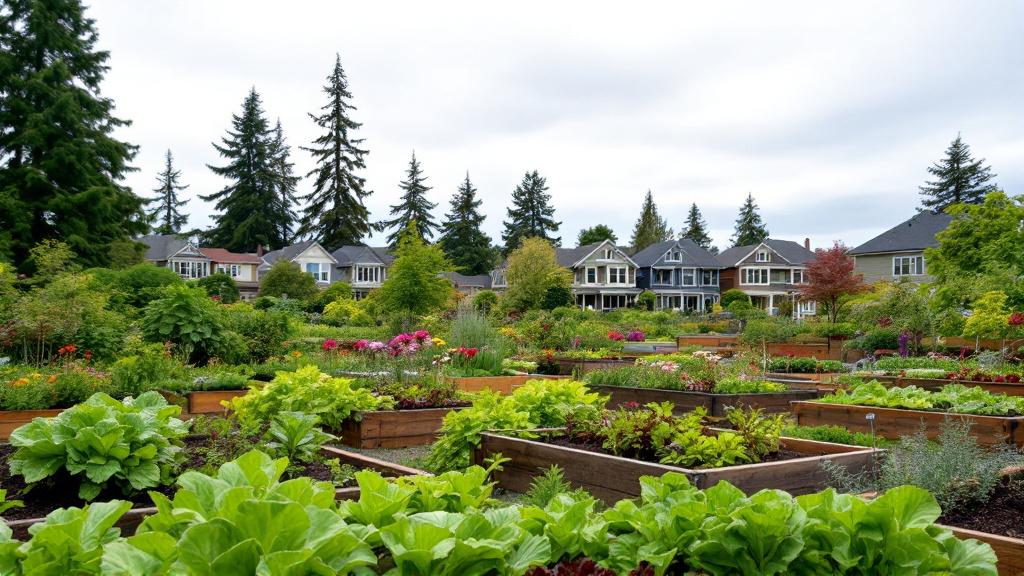 A community garden plot in Seattle showing various raised garden beds