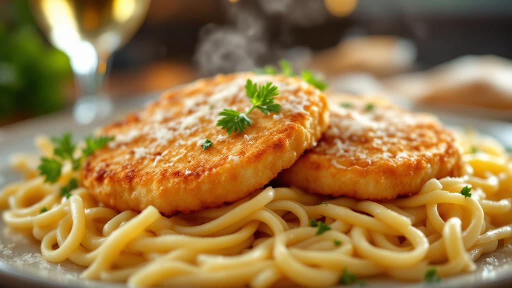 Crispy Chicken Fritta served over creamy fettuccine Alfredo pasta with Italian herbs.