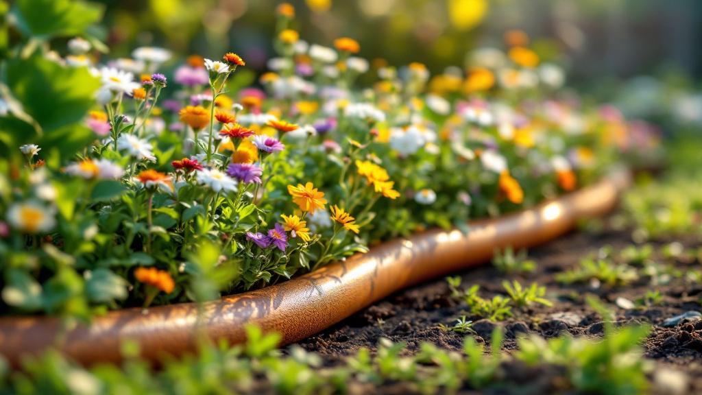 An old garden hose repurposed as a flexible border for a backyard garden bed.