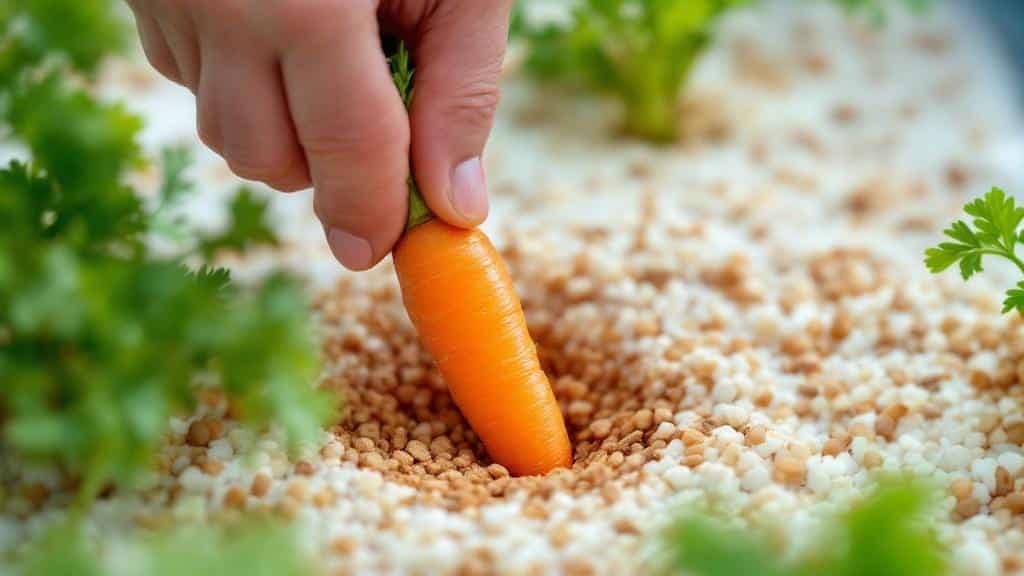 Harvesting a clean, straight orange carrot from an indoor hydroponic system using perlite as a growing medium.