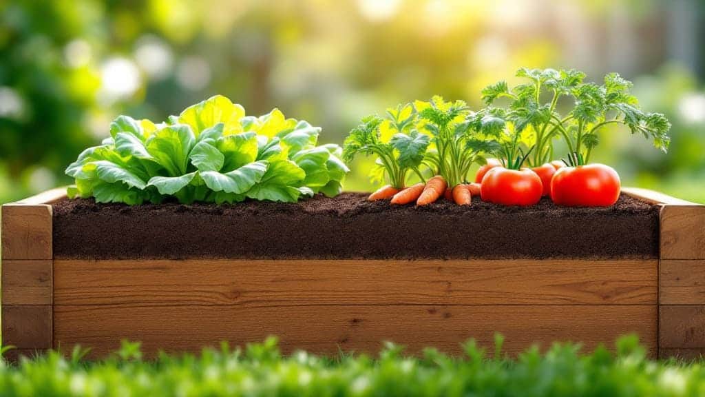 A raised garden bed with different depths for various plants like lettuce and tomatoes.