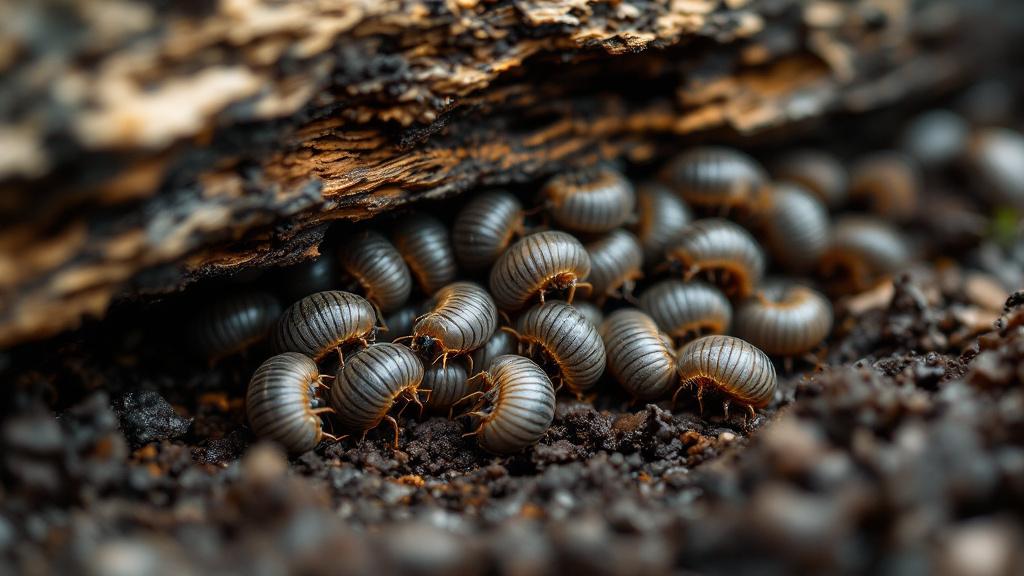 Rolly pollies hiding under damp garden wood and mulch.