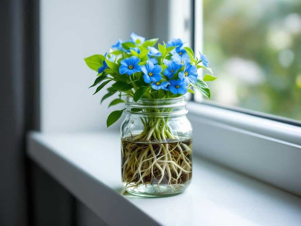 A Forget-Me-Not plant blooming in a DIY hydroponic mason jar setup on an indoor windowsill.