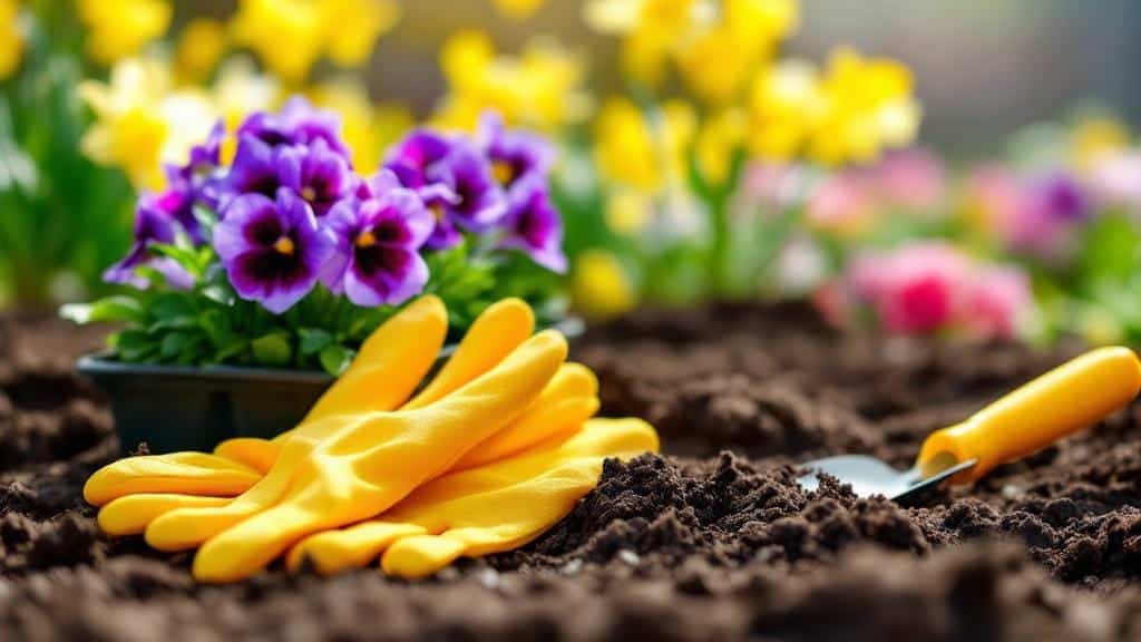 A colorful spring garden being planted with pansies and primroses in fertile soil.