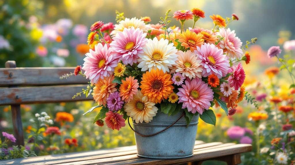 A fresh bouquet of cut flowers in a bucket, showcasing garden-to-vase beauty.