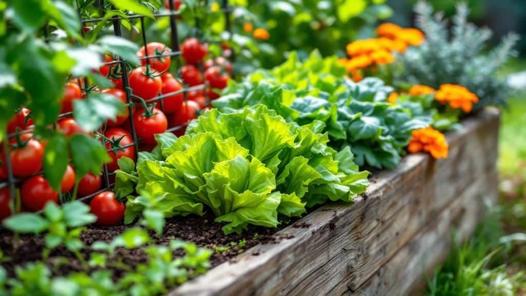 A productive raised garden bed with a variety of easy-to-grow vegetables and herbs.