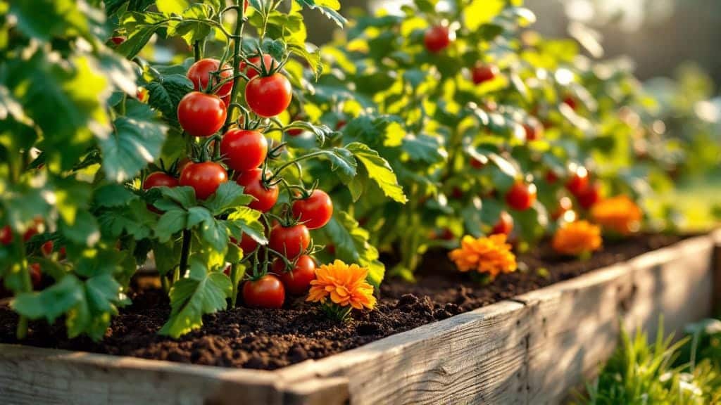 A thriving summer raised garden bed with tomatoes, kale, and companion flowers.