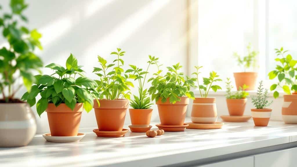Fresh pot herbs like basil, parsley, and mint growing in decorative containers on a kitchen counter.