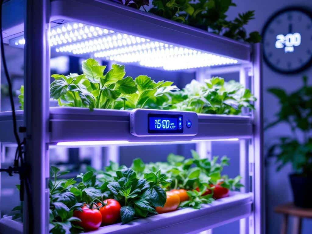 A vertical hydroponic system with programmable timer showing a 16-hour light cycle for optimal leafy green growth.