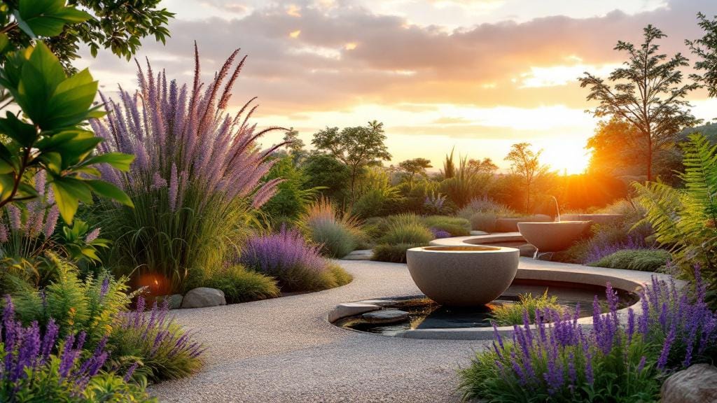 A peaceful flow garden design featuring curved paths, ornamental grasses, and a stone water feature.