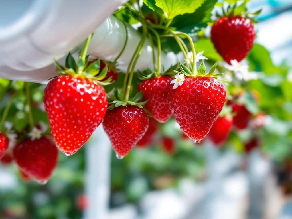 Ripe red strawberries growing in a vertical hydroponic NFT system inside a bright greenhouse.