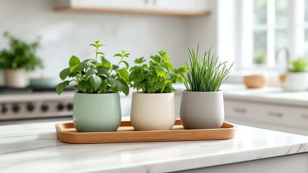 Stylish ceramic indoor herb garden pots with fresh basil and chives on a kitchen counter.