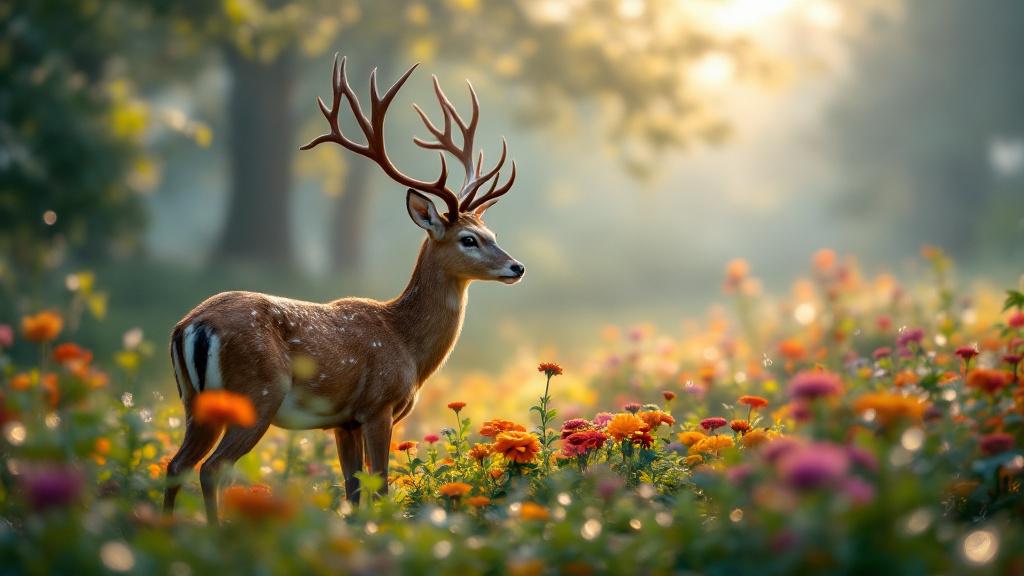 A deer standing near a home garden at dawn, looking for plants to eat.