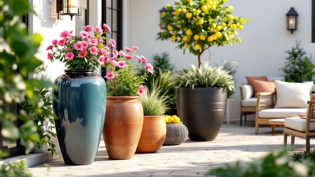 Stunning outdoor garden pots in different materials and sizes on a luxury patio