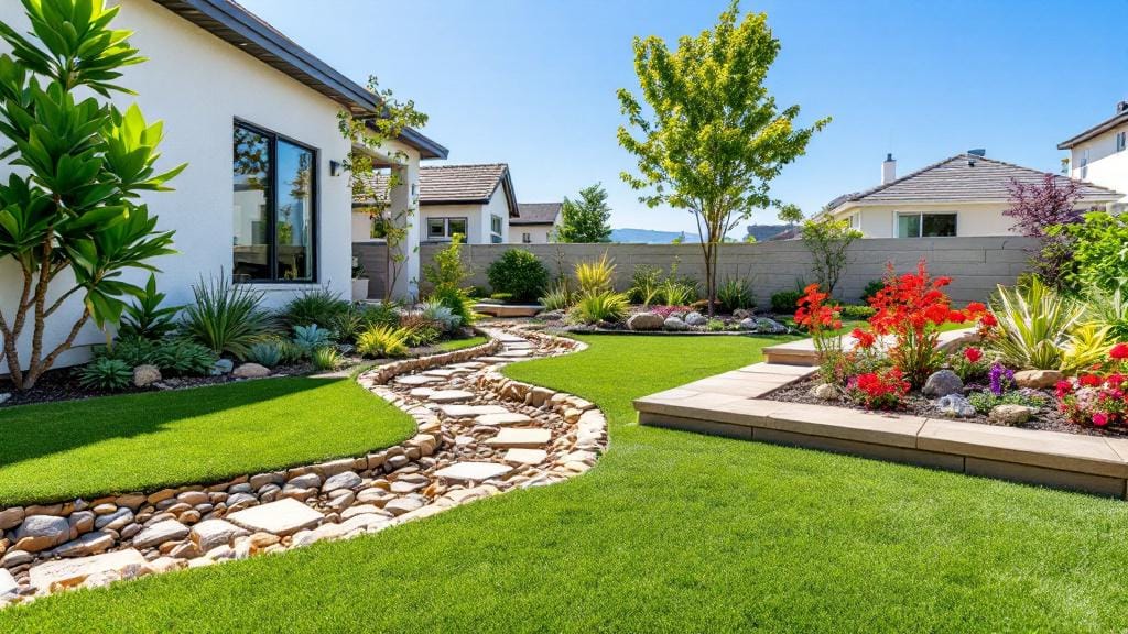 Creative landscaping ideas using rocks in a backyard, including a dry riverbed and rock garden.