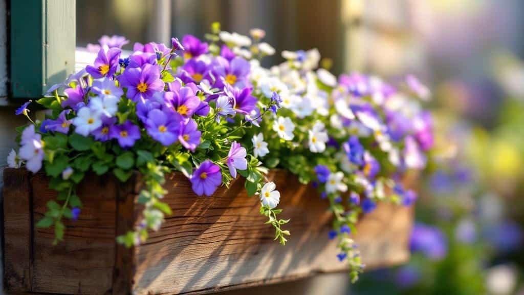 A wooden window box filled with small colorful flowers like violas and alyssum.