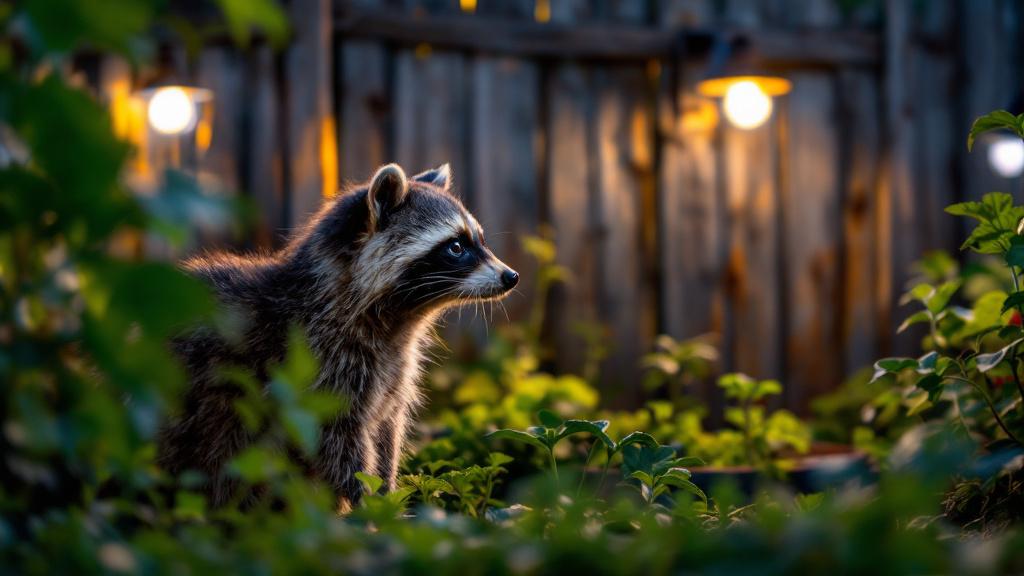 A raccoon near a backyard garden fence at night, highlighting the need for pest deterrents.