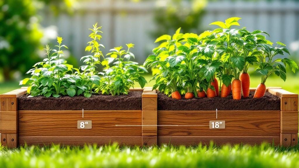 A side view of a raised garden bed illustrating different depths for herbs and root vegetables.