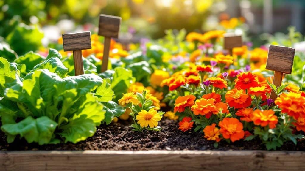 A diverse and productive raised garden bed with vegetables, herbs, and edible flowers.
