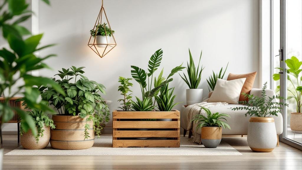 Creative plant planter ideas including geometric hanging pots and rustic wooden crates