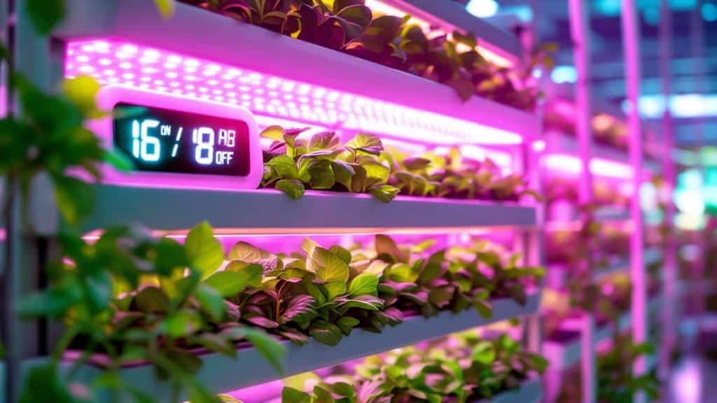 A modern indoor hydroponic vertical system for leafy greens, illuminated by an optimized full-spectrum LED grow light with a digital timer controlling the duration.