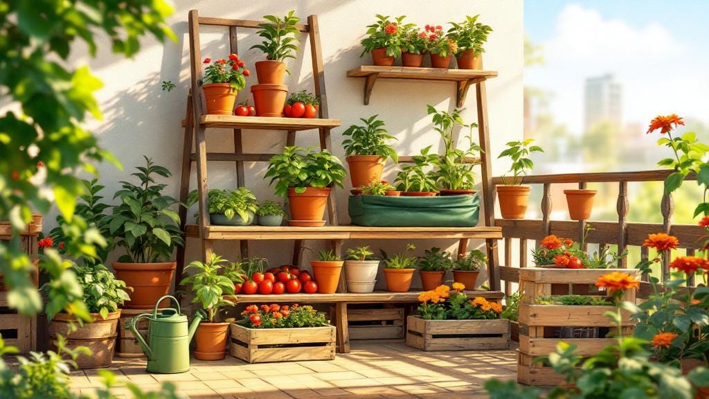 Smart container gardening setup on a small balcony with vegetables and herbs