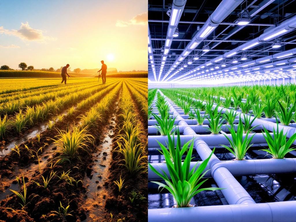 Comparison between traditional soil-based rice paddy and a modern indoor hydroponic rice system.