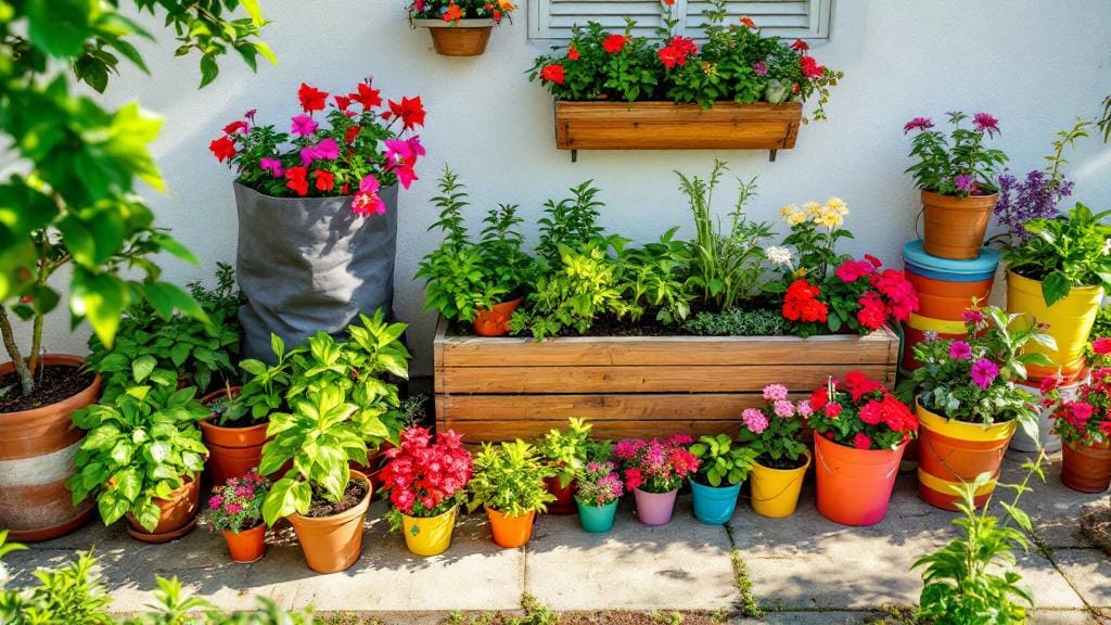 Variety of containers for container gardening including fabric grow bags and terracotta pots