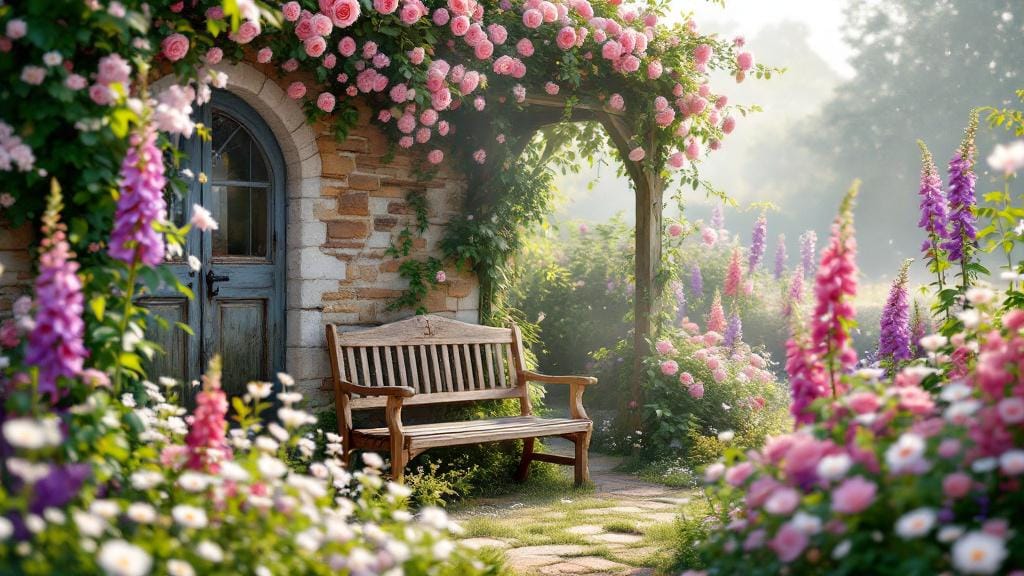 A peaceful sanctuary garden filled with a colorful mix of roses, foxgloves, and daisies.