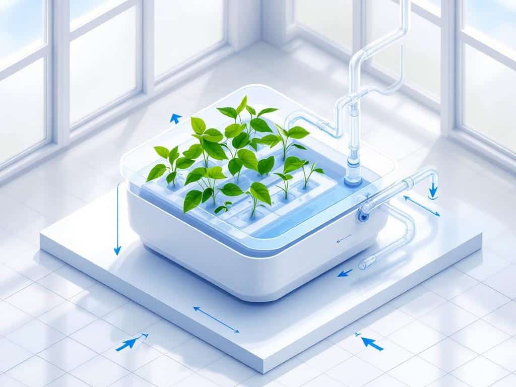 A technical diagram of a closed hydroponic system showing the recirculating water loop and nutrient reservoir.