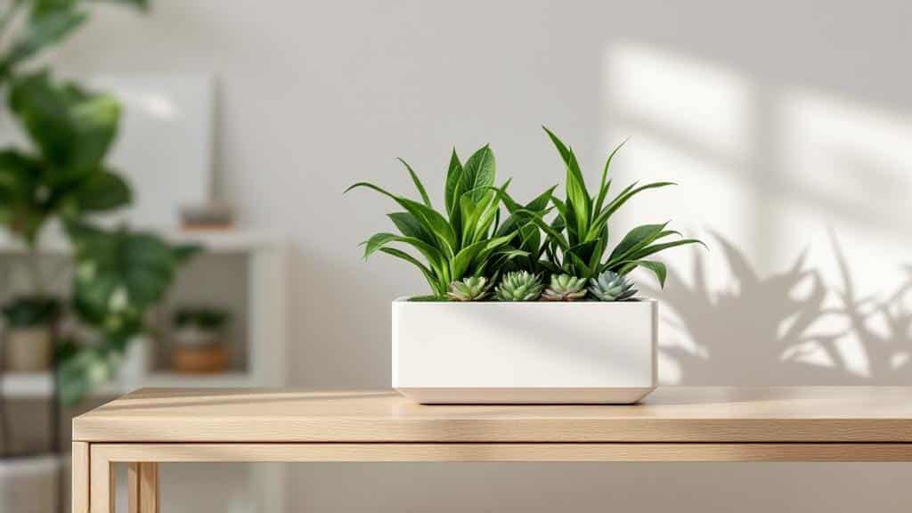A modern white rectangular indoor planter with snake plants and succulents on a wooden table.