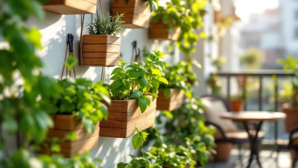 Vertical garden planters for herbs on a small balcony, featuring basil and rosemary.